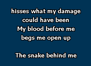 hisses what my damage
could have been
My blood before me
begs me open up

The snake behind me I