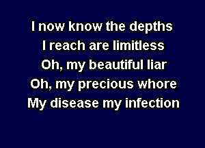I now know the depths
I reach are limitless
Oh, my beautiful liar

Oh, my precious whore
My disease my infection