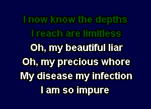 Oh, my beautiful liar

Oh, my precious whore
My disease my infection
I am so impure