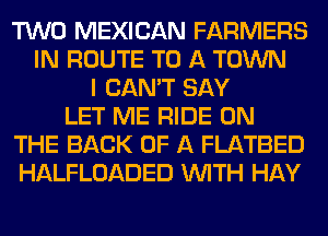 TWO MEXICAN FARMERS
IN ROUTE TO A TOWN
I CAN'T SAY
LET ME RIDE ON
THE BACK OF A FLATBED
HALFLOADED WITH HAY