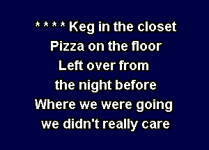 Keg in the closet
Pizza on the floor
Left over from

the night before
Where we were going
we didn't really care