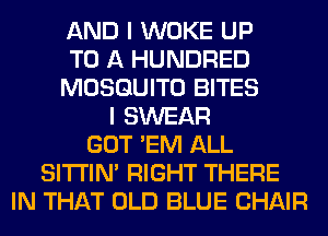 AND I WOKE UP
TO A HUNDRED
MOSQUITO BITES
I SWEAR
GOT 'EM ALL
SITI'IN' RIGHT THERE
IN THAT OLD BLUE CHAIR