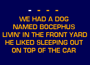 WE HAD A DOG
NAMED BOCEPHUS
LIVIN' IN THE FRONT YARD
HE LIKED SLEEPING OUT
ON TOP OF THE CAR
