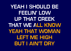 YEAH I SHOULD BE
FEELIM LOW
UP THAT CREEK
THAT WE ALL KNOW
YEAH THAT WOMAN
LEFT ME HIGH
BUT I AIN'T DFIY