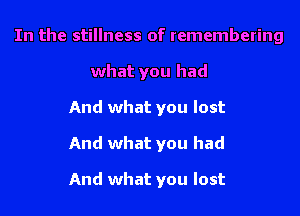 In the stillness of remembering
what you had
And what you lost
And what you had

And what you lost