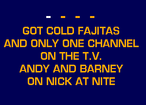 GOT COLD FAJITAS
AND ONLY ONE CHANNEL
ON THE T.V.

ANDY AND BARNEY
0N NICK AT NITE