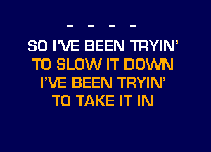 SO I'VE BEEN TRYIN'
T0 SLOW IT DOWN
I'VE BEEN TRYIN'
TO TAKE IT IN