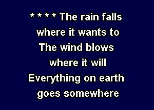 The rain falls
where it wants to
The wind blows

where it will
Everything on earth
goes somewhere