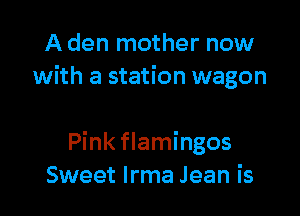 A den mother now
with a station wagon

Pink flamingos
Sweet Irma Jean is