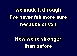 we made it through
I've never felt more sure
because of you

Now we're stronger
than before