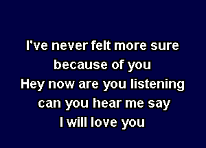 I've never felt more sure
because of you

Hey now are you listening
can you hear me say
I will love you