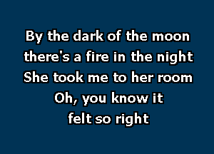 By the dark of the moon
there's a fire in the night

She took me to her room
Oh, you know it
felt so right