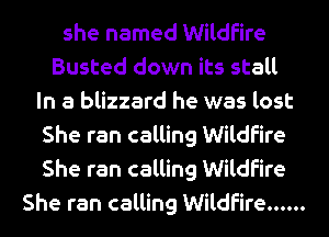 she named Wildfire
Busted down its stall
In a blizzard he was lost
She ran calling Wildfire
She ran calling Wildfire
She ran calling Wildfire ......