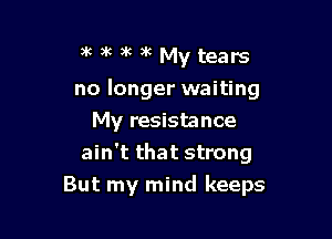 xwkakxtMytears

no longer waiting

My resistance
ain't that strong
But my mind keeps