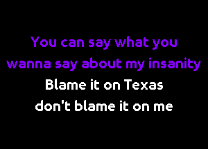 You can say what you
wanna say about my insanity
Blame it on Texas
don't blame it on me