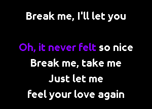 Break me, I'll let you

Oh, it never Felt so nice
Break me, take me
Just let me
feel your love again