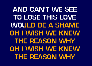 AND CAN'T WE SEE
TO LOSE THIS LOVE
WOULD BE A SHAME
OH I WISH WE KNEW
THE REASON WHY
OH I WISH WE KNEW
THE REASON WHY