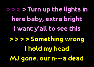 Turn up the lights in
here baby, extra bright
I want y'all to see this

Something wrong
I hold my head
MJ gone, our n---a dead