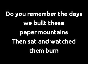 Do you remember the days
we built these
paper mountains
Then sat and watched
them burn