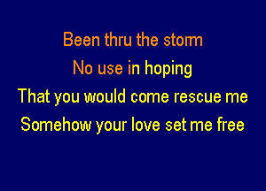 Been thru the storm

No use in hoping

That you would come rescue me
Somehow your love set me free