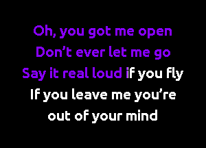 Oh, you got me open
Don't ever let me go
Say it real loud iF you fly
IF you leave me you're

out oF your mind I