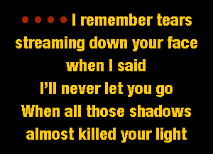 o o o o I remember tears
streaming down your face
when I said
I'll never let you go
When all those shadows
almost killed your light