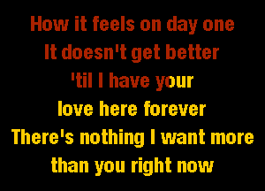 How it feels on day one
It doesn't get better
'til I have your
love here forever
There's nothing I want more
than you right now