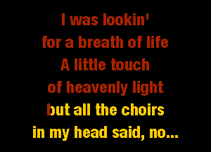 l was lookin'
for a breath of life
A little touch

of heavenly light
but all the chairs
in my head said, no...