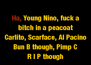 Ha, Young Nina, fuck a
bitch in a peacoat
Carlito, Scarface, Al Pacino
Bun B though, Pimp C
R I P though