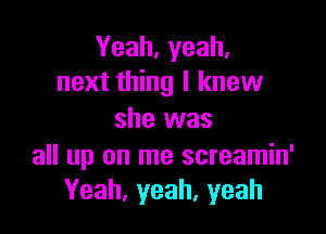 Yeah, yeah.
next thing I knew

she was

all up on me screamin'
Yeah,yeah,yeah