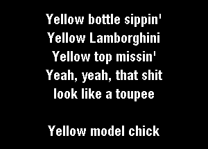 Yellow bottle sippin'
Yellow Lamborghini
Yellow top missin'

Yeah, yeah, that shit
look like a toupee

Yellow model chick
