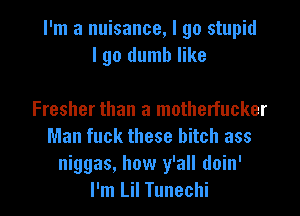 I'm a nuisance, I go stupid
I go dumb like

Fresher than a motherfucker
Man fuck these bitch ass
niggas, how y'all doin'
I'm Lil Tunechi