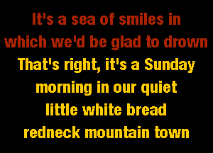 It's a sea of smiles in
which we'd be glad to drown
That's right, it's a Sunday
morning in our quiet
little white bread
redneck mountain town