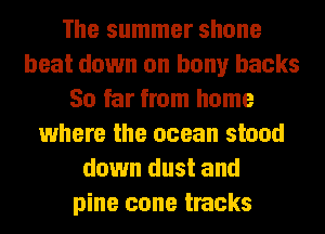 The summer shone
beat down on bony backs
So far from home
where the ocean stood
down dust and
pine cone tracks