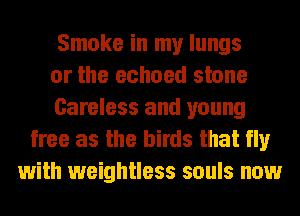 Smoke in my lungs
or the echoed stone
Careless and young
free as the birds that fly
with weightless souls now