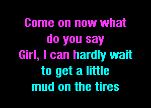 Come on now what
do you say

Girl, I can hardly wait
to get a little
mud on the tires