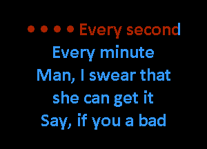 0 0 0 0 Every second
Every minute

Man, I swear that
she can get it
Say, if you a bad