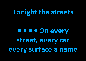 Tonight the streets

0 0 0 0 On every
street, every car
every surface a name