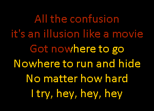 All the confusion
it's an illusion like a movie
Got nowhere to go
Nowhere to run and hide
No matter how hard
Itry, hey, hey, hey