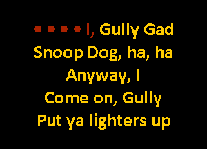 0 0 0 0 l, Gully Gad
Snoop Dog, ha, ha

Anyway, I
Come on, Gully
Put ya lighters up