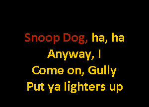 Snoop Dog, ha, ha

Anyway, I
Come on, Gully
Put ya lighters up