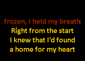 frozen, I held my breath
Right from the start
I knew that I'd found
a home for my heart