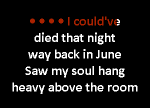 0 0 0 0 I could've
died that night

way back in June
Saw my soul hang
heavy above the room