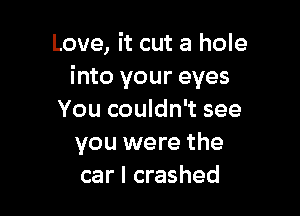 Love, it cut a hole
into your eyes

You couldn't see
you were the
car I crashed