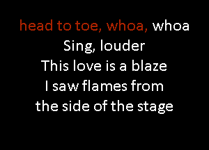 head to toe, whoa, whoa
Sing, louder
This love is a blaze
I sawflames from
the side ofthe stage