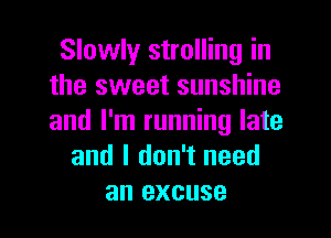 Slowly strolling in
the sweet sunshine
and I'm running late

and I don't need
an excuse