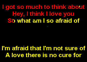 I got so much to think about
Hey, I think I lave you
SO what am I so afraid of

I'm afraid that I'm not sure of
A love there is no cure for