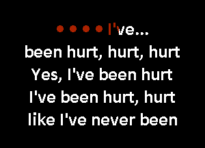 0 0 0 0 I've...

been hurt, hurt, hurt

Yes, I've been hurt
I've been hurt, hurt
like I've never been