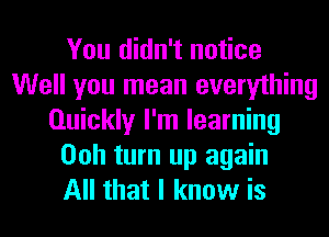 You didn't notice
Well you mean everything
Quickly I'm learning
Ooh turn up again
All that I know is