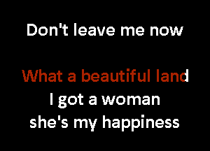 Don't leave me now

What a beautiful land
I got a woman
she's my happiness